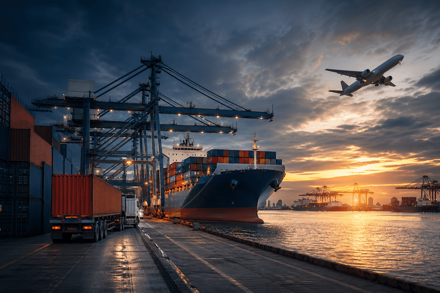 Multimodal logistics — cargo ship, freight truck, and cargo aircraft at a global port